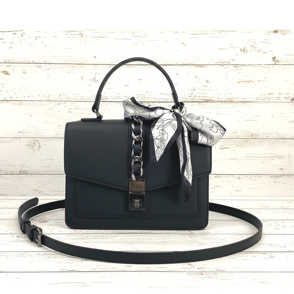 ALDO Black Structured Top Handle Bag with Chain Detail and Scarf‎ Accent